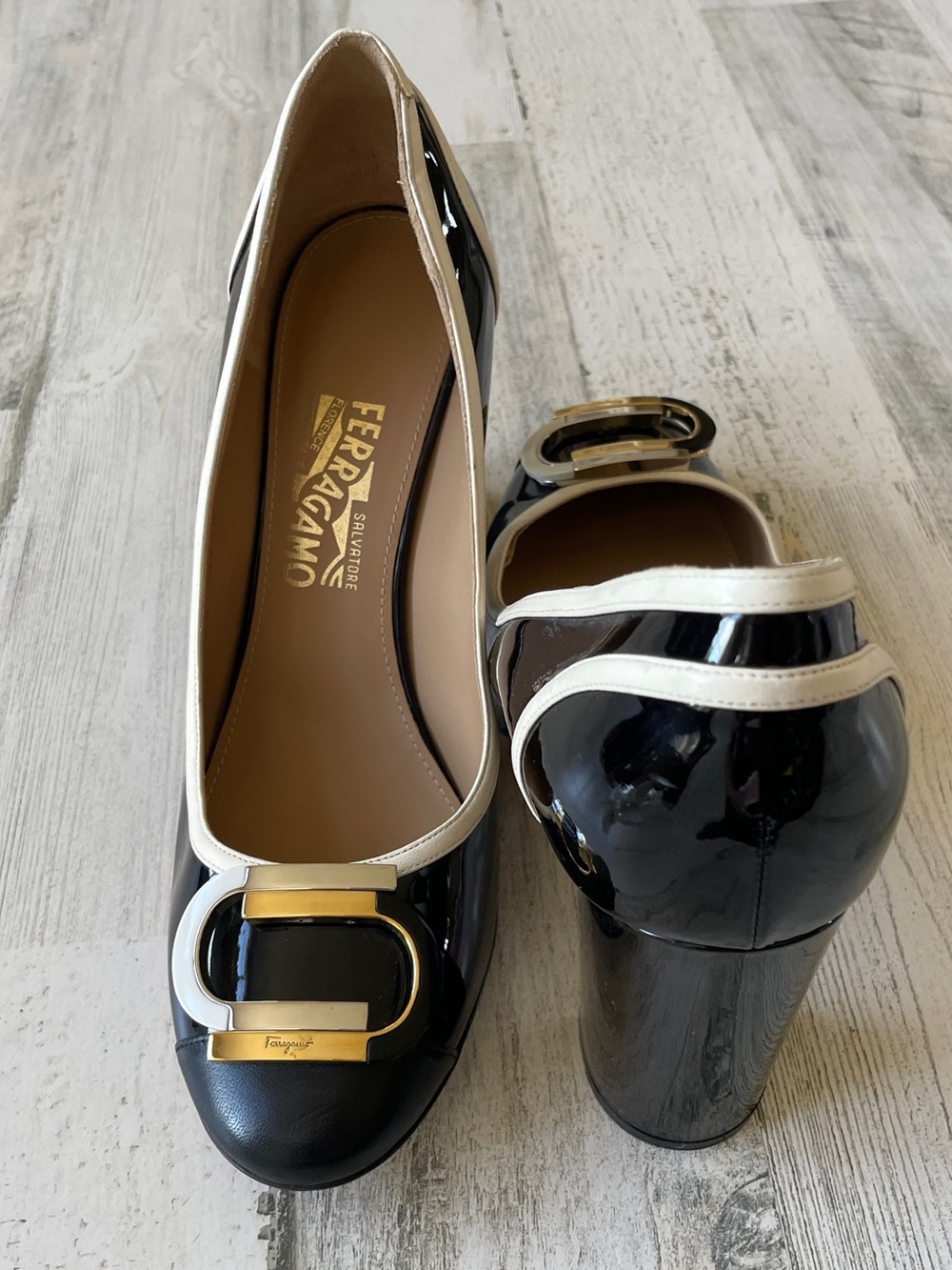 Salvatore Ferragamo Black & White Patent Leather Block Heels Sz 10.5 B